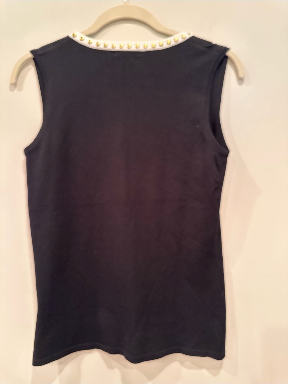 Belldini Black Sleeveless Tank White Trim Gold Studs Stretchy Statement Top S XL - Picture 4 of 10